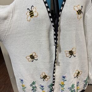 QUACKER FACTORY White knit Bumble Bee flowers Cardigan Sweater button up 3XL GUC